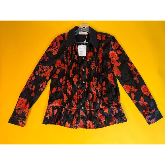 Tory Burch Printed Pleated Shirt Womens 4 Black Red Paisley Button Up $498 NWT - Picture 2 of 8